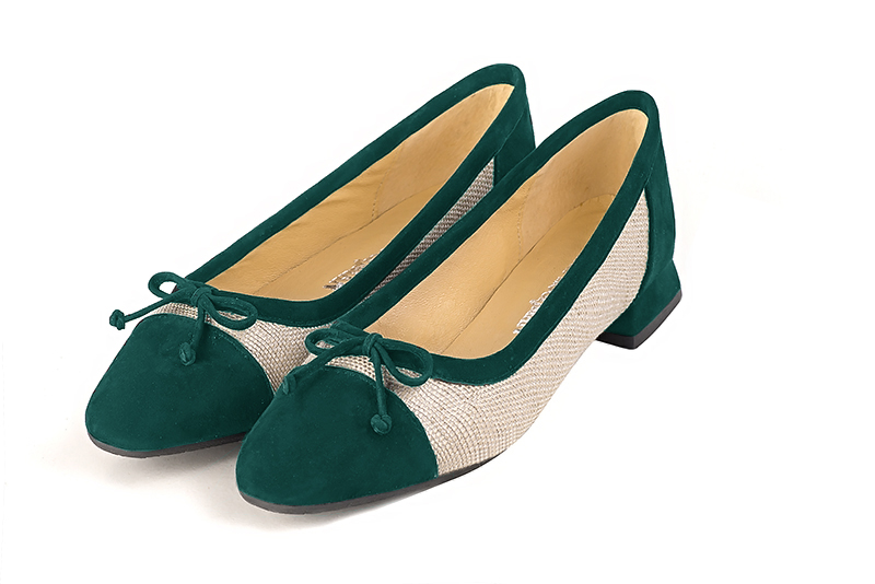 Emerald green and natural beige women's ballet pumps, with low heels. Square toe. Flat flare heels. Front view - Florence KOOIJMAN